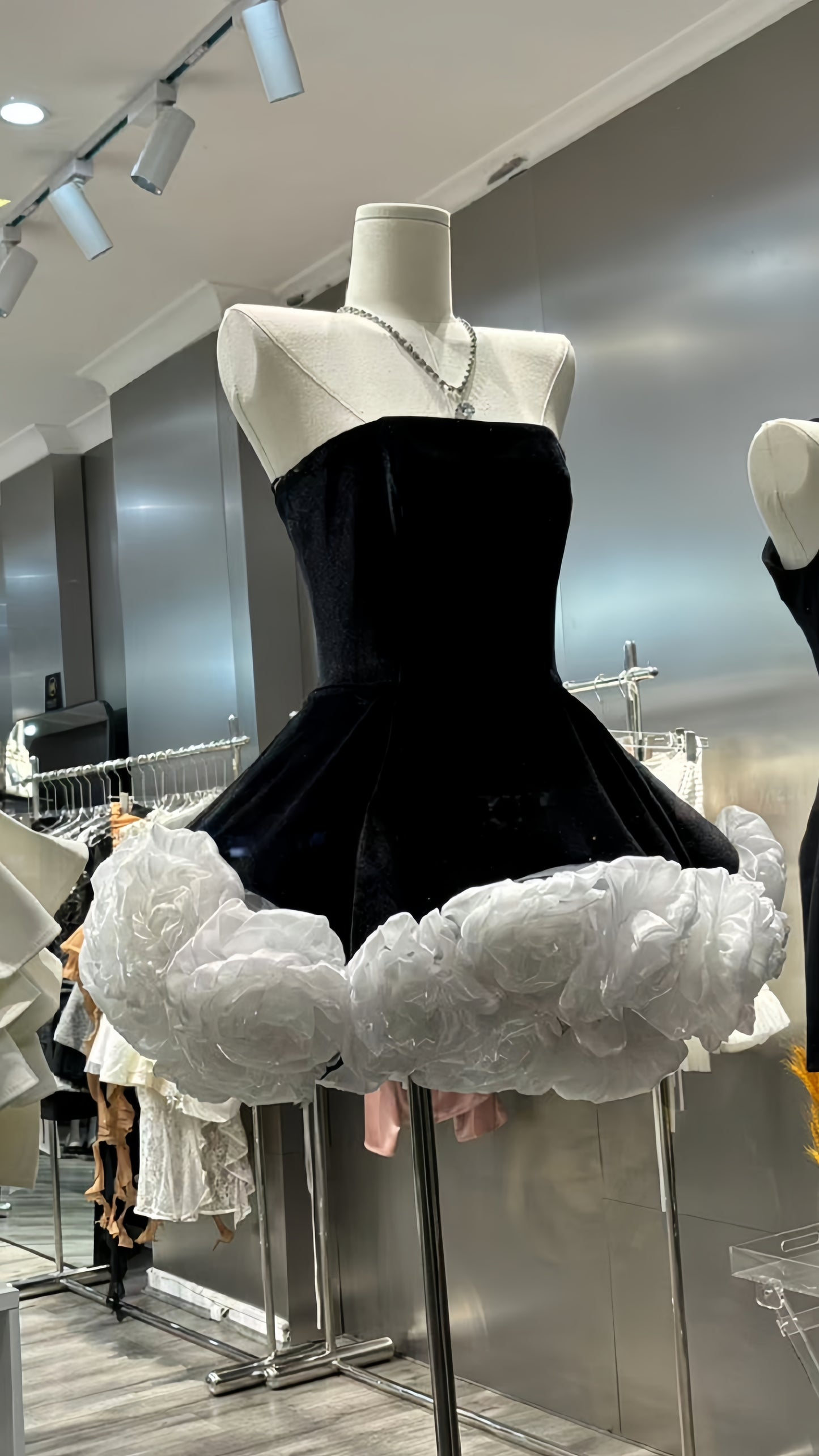 Black Velvet Homecoming Dresses Strapless White Floral Hoco Dress, AST1942