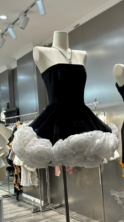 Black Velvet Homecoming Dresses Strapless White Floral Hoco Dress, AST1942
