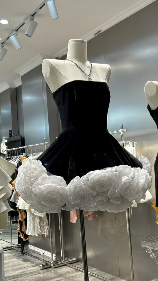 Black Velvet Homecoming Dresses Strapless White Floral Hoco Dress, AST1942