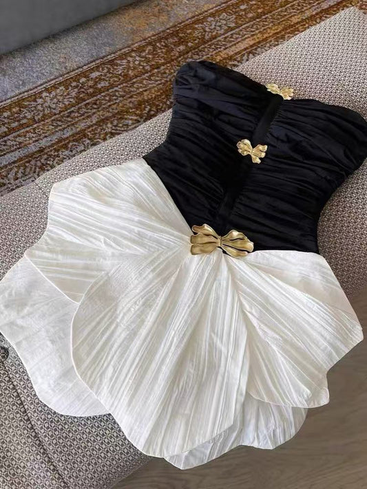 Black White Homecoming Dresses Ruched Strapless Hoco Party Gown, AST1987