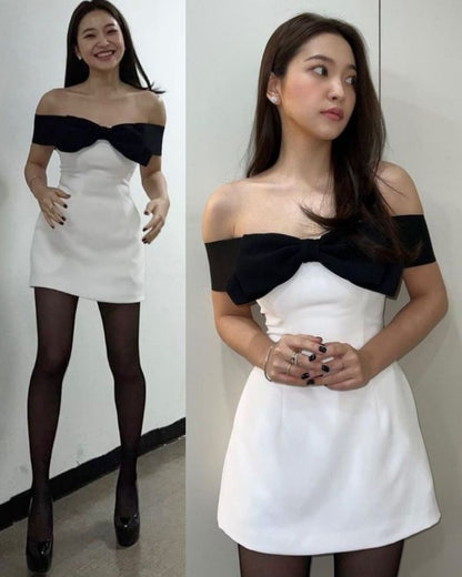 Black White Off The Shoulder Bodycon Homecoming Dresses Bowknot Graduation Dress,AST1912