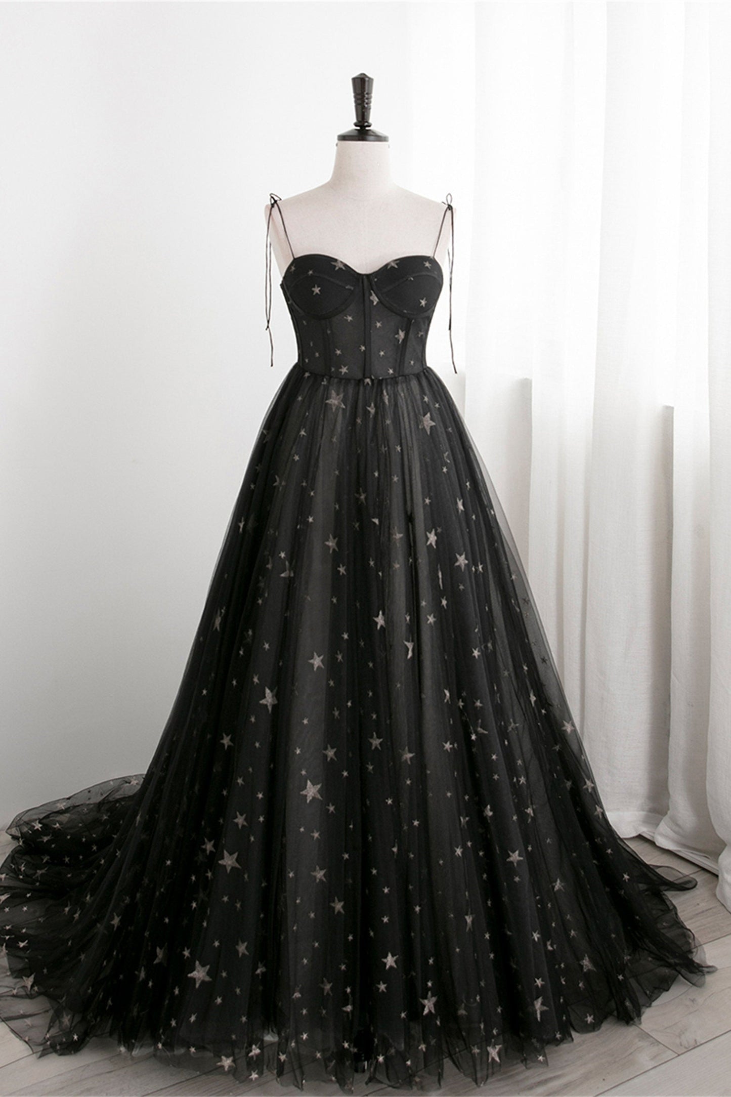 Black Corset Satrs Tulle A-line Long Formal Dress