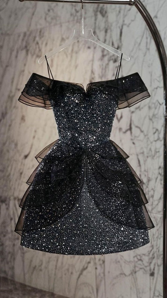Black Grey A-line Homecoming Dresses Off The Shoulder Short Prom Dress,AST2000
