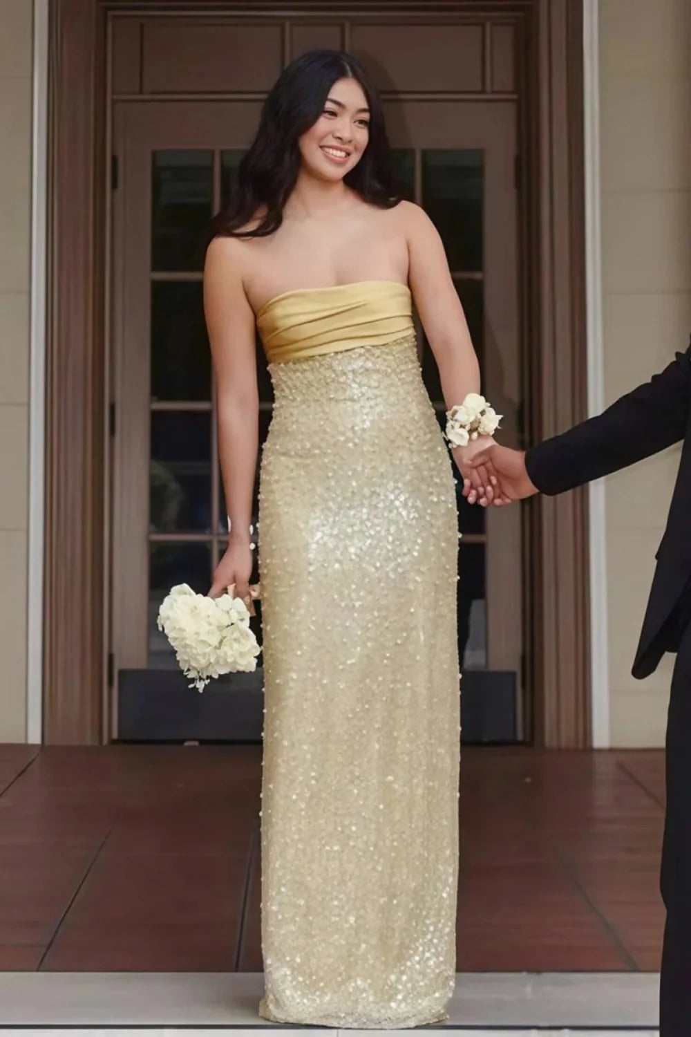 Strapless Pearl Sheath Long Prom Dresses, AST2315