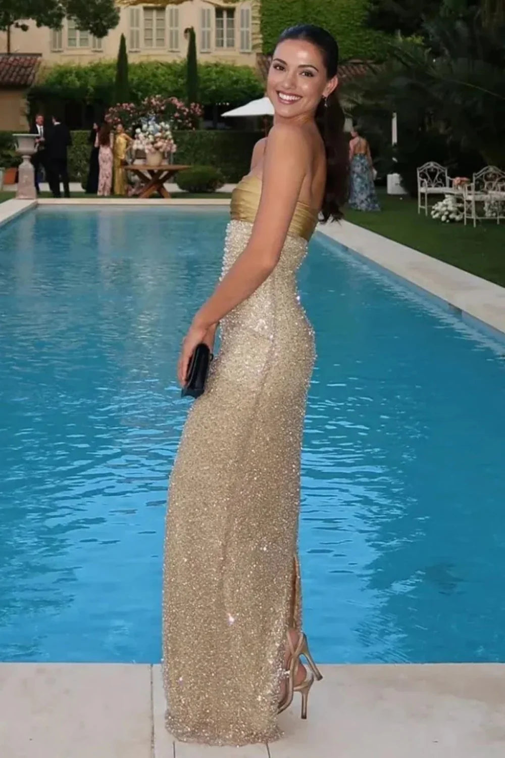 Strapless Pearl Sheath Long Prom Dresses, AST2315