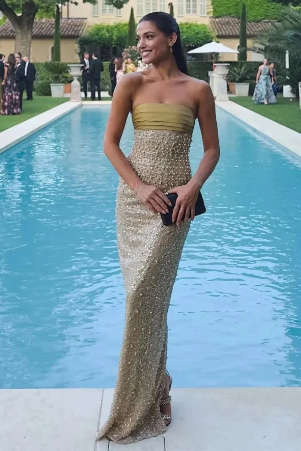 Strapless Pearl Sheath Long Prom Dresses, AST2315