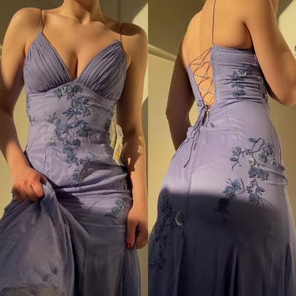 Blue Chiffon Sheath Long Prom Dress With Appliques, Slit Evening Party Dress, AST1521