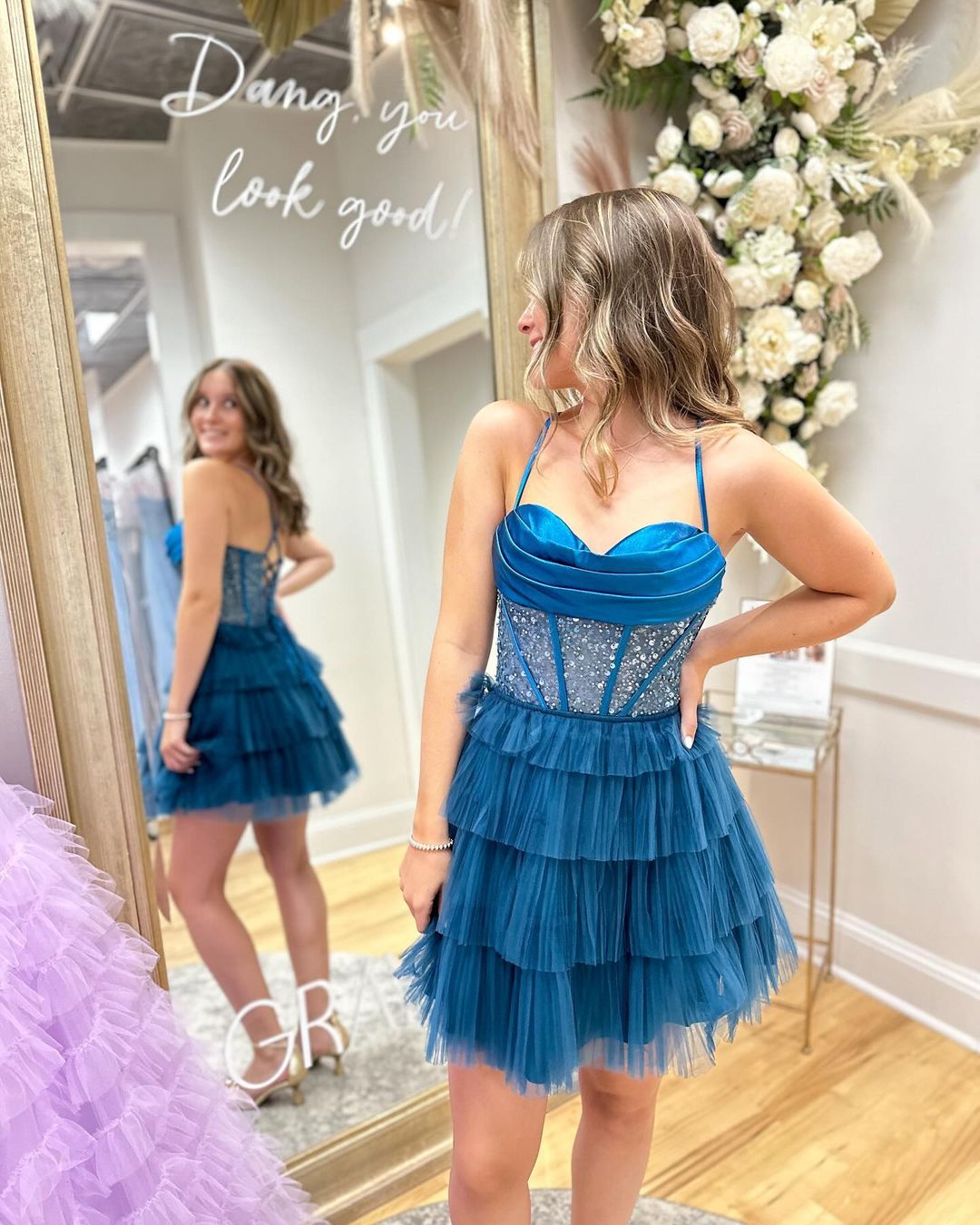 Blue Halter Beaded Tiered Homecoming Dresses, AST1121