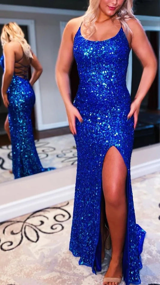 Blue Mermaid Sequin Prom Dresses, Lace Up Back Evening Formal Gown,AST1626