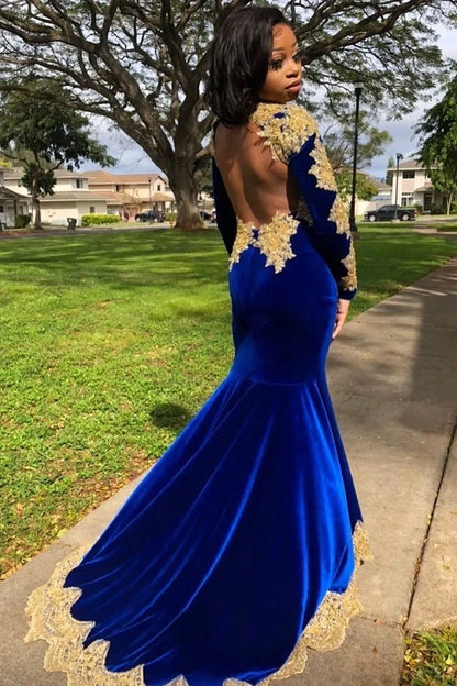 Blue Mermaid Velvet Gold Appliques Long Prom Dress,AST964