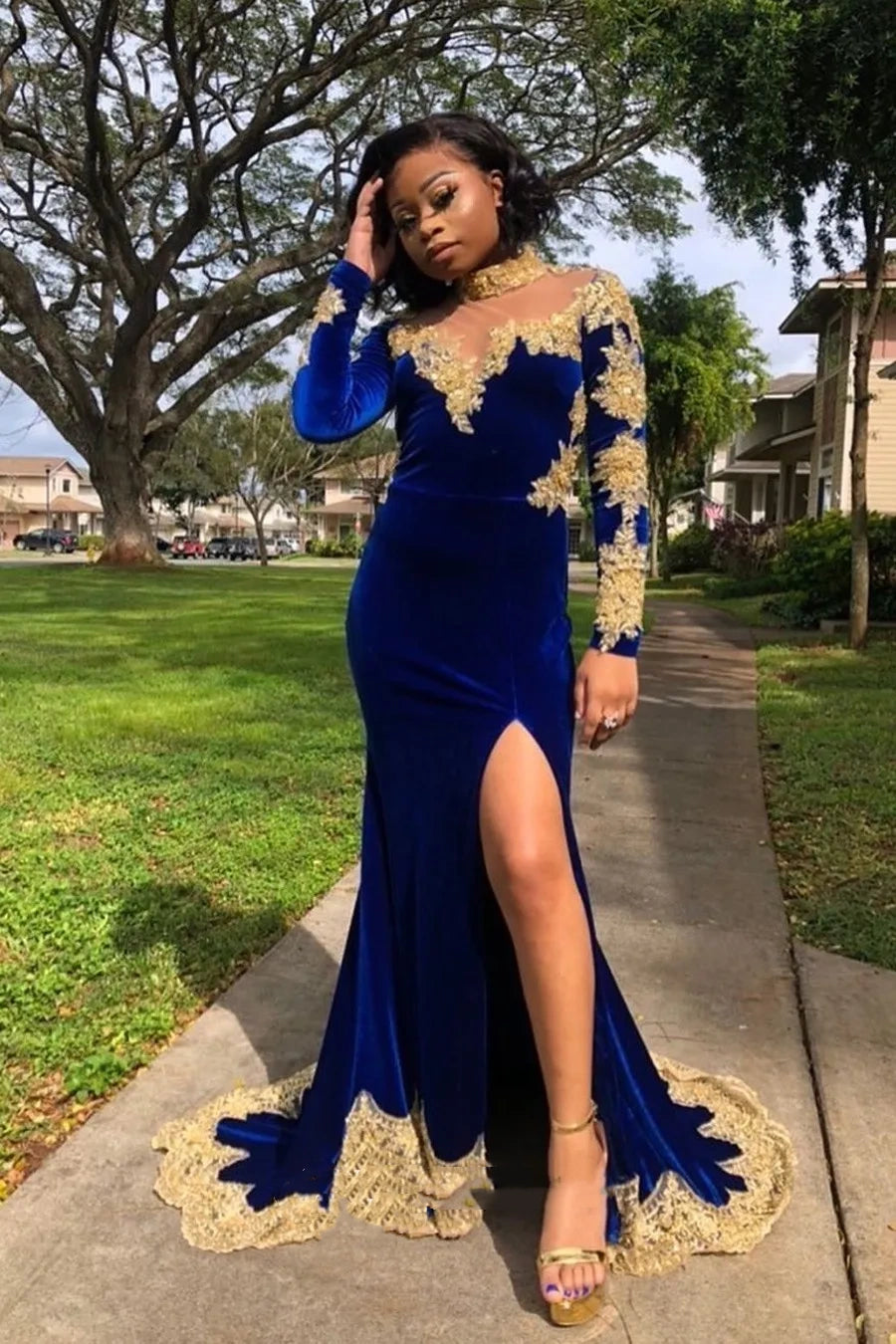 Blue Mermaid Velvet Gold Appliques Long Prom Dress,AST964