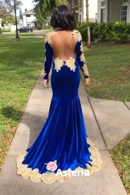 Blue Mermaid Velvet Gold Appliques Long Prom Dress,AST964