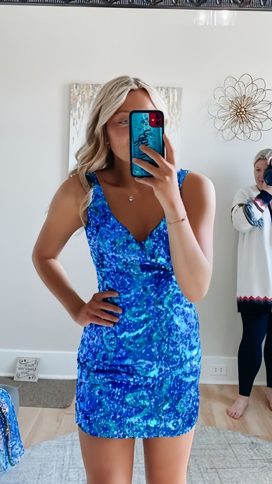 Blue Sequin V-neck Homecoming Dresses Bodycon Mini Party Dress, AST2040