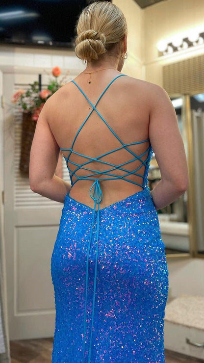 Blue Sequined Mermaid Prom Dresses Long Evening Party Gown With Cross Back,AST2144
