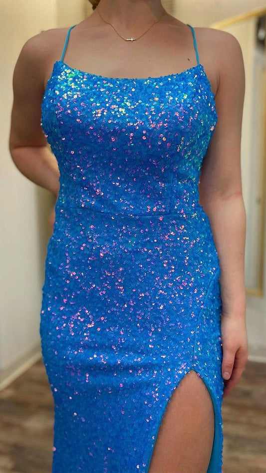 Blue Sequined Mermaid Prom Dresses Long Evening Party Gown With Cross Back,AST2144