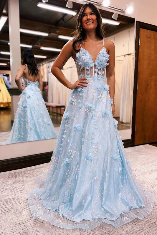 Blue V-Neck A-Line Tulle Lace Prom Dress,AST927