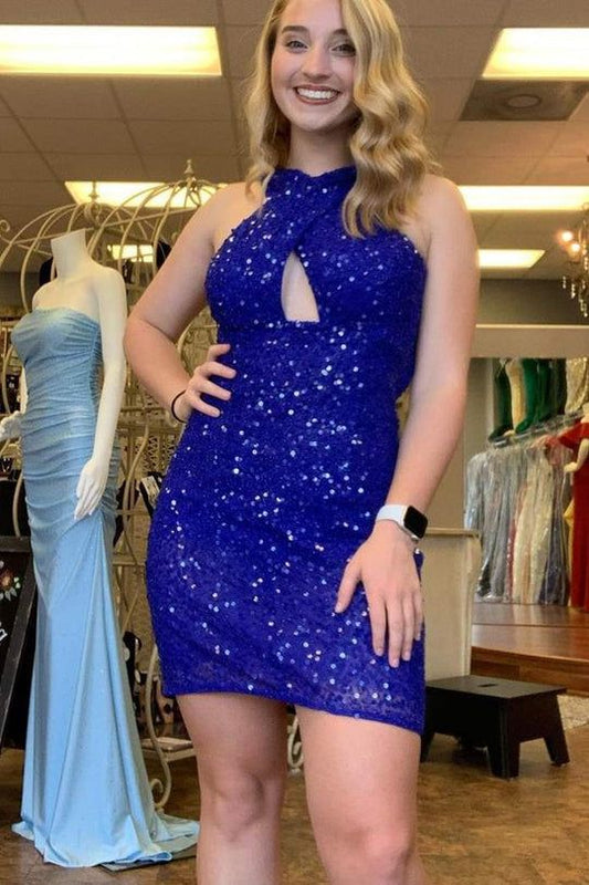 Blue V-Neck Sequin Homecoming Dresses Bodycon Party Gown, AST1065