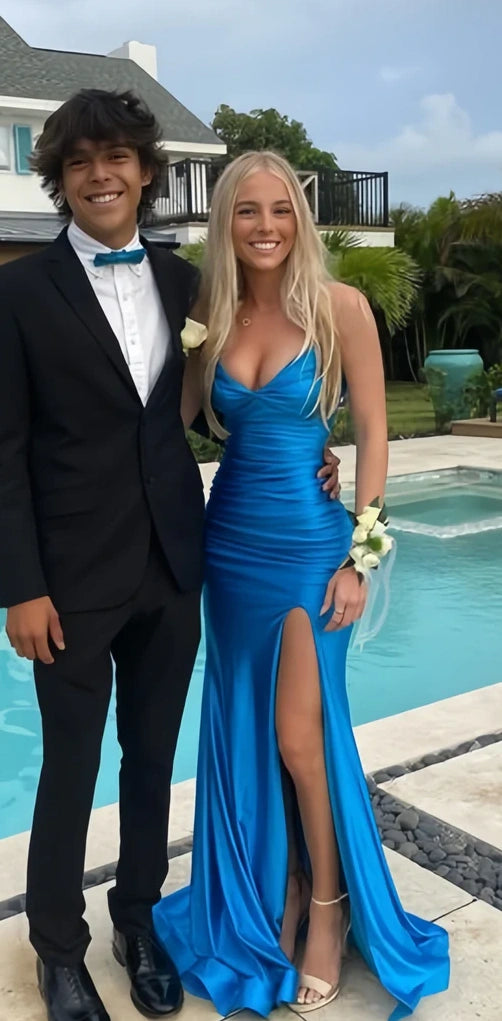 Blue V-neck Prom Dress, Mermaid Satin Evening Party Dresses, AST1532