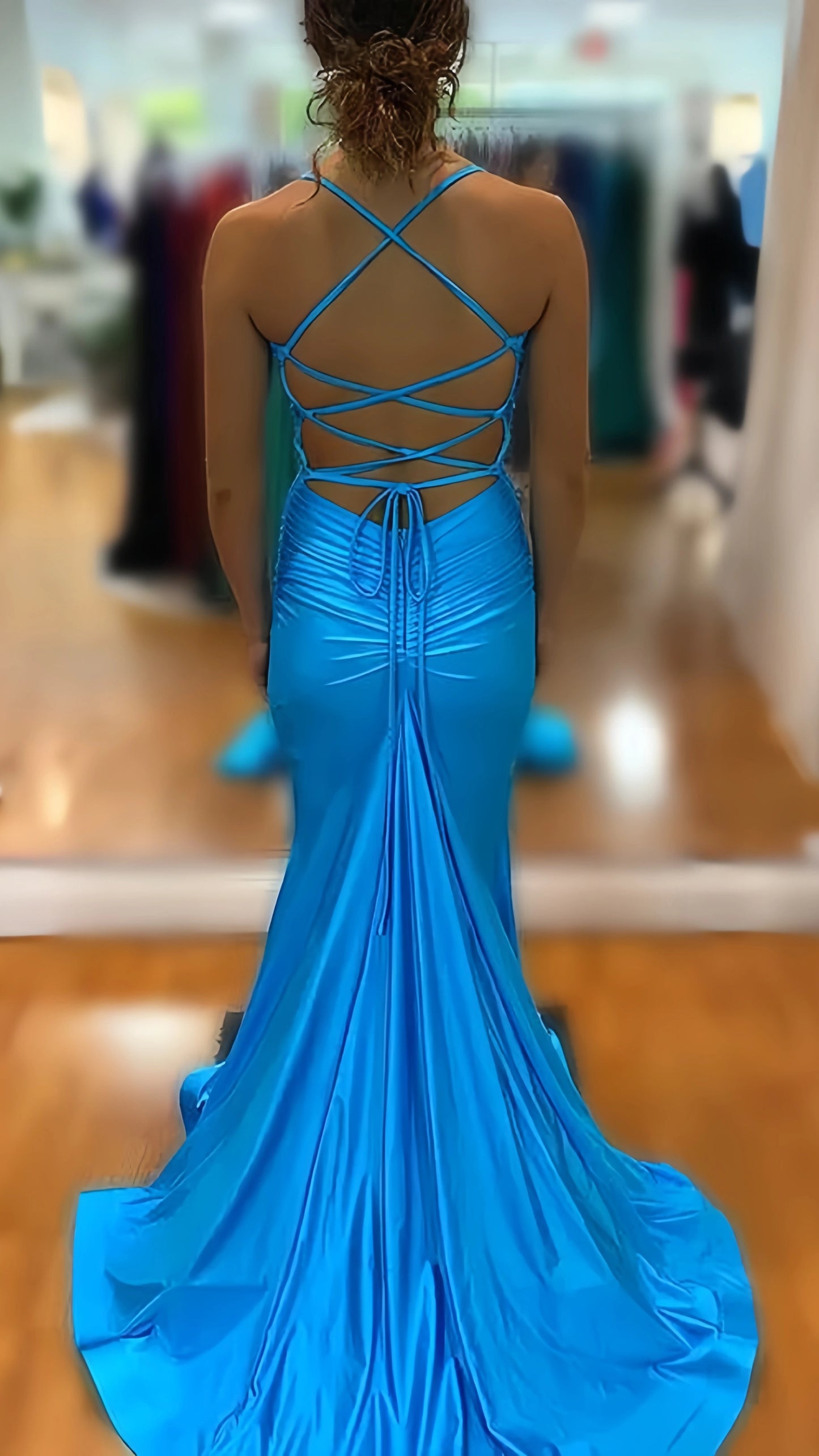 Blue V-neck Prom Dress, Mermaid Satin Evening Party Dresses, AST1532