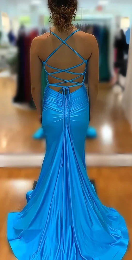 Blue V-neck Prom Dress, Mermaid Satin Evening Party Dresses, AST1532