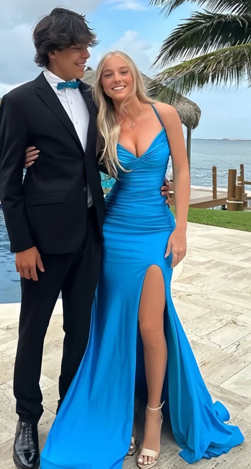 Blue V-neck Prom Dress, Mermaid Satin Evening Party Dresses, AST1532