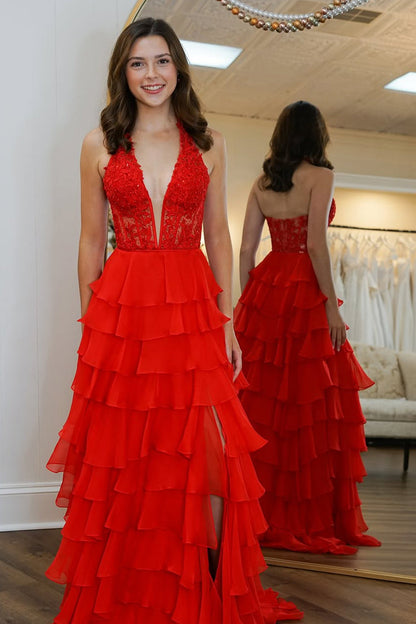 Blue Chiffon Prom Dress with A Line Shape Lace Top Halter Neck and Slit Accent