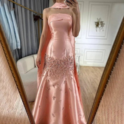 Blush Pink Floral Mermaid Satin Prom Dresses Long Party Dress,AST2158