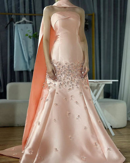 Blush Pink Floral Mermaid Satin Prom Dresses Long Party Dress,AST2158