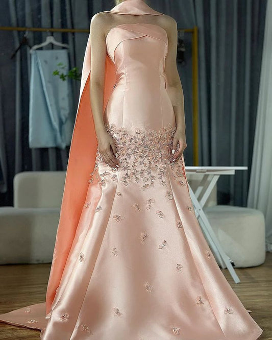 Blush Pink Floral Mermaid Satin Prom Dresses Long Party Dress,AST2158