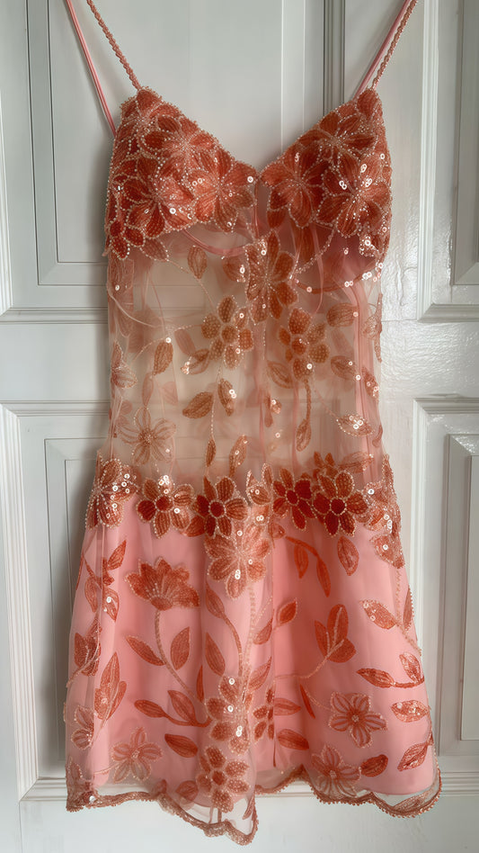 Blush Pink Floral Sequin Mini Homecoming Dress Spaghetti Straps Back To School Dresses,AST1885