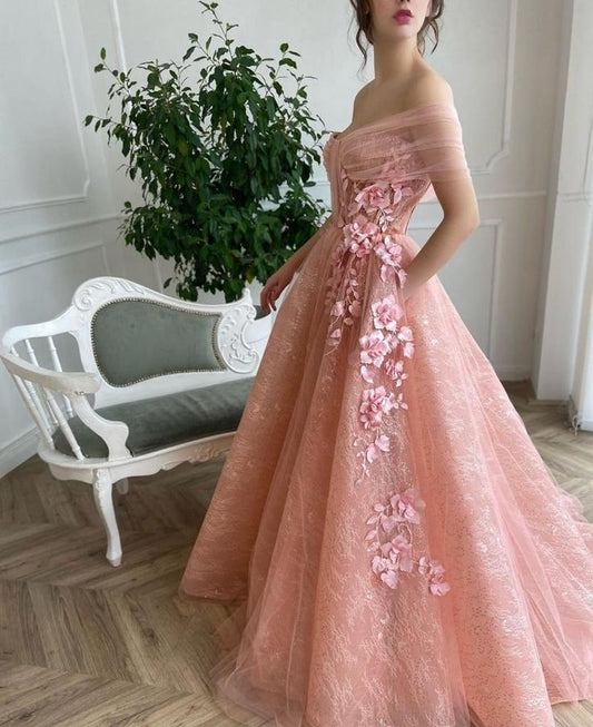 Blush Pink Lace Prom Dresses Off The Shoulder A-Line Floral Semi Formal Gown,AST930