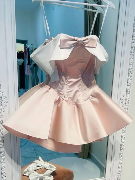 Blush Pink Satin Homecoming Dresses Strapless Mini Party Dress,AST2197