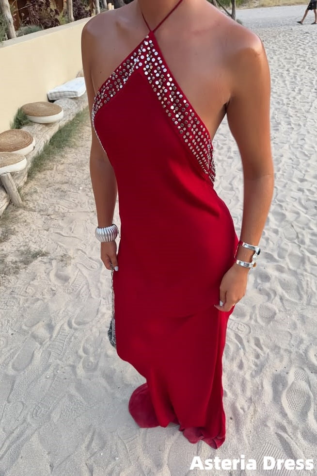 Bohemia Red Halter Beaded Mermaid Prom Dresses