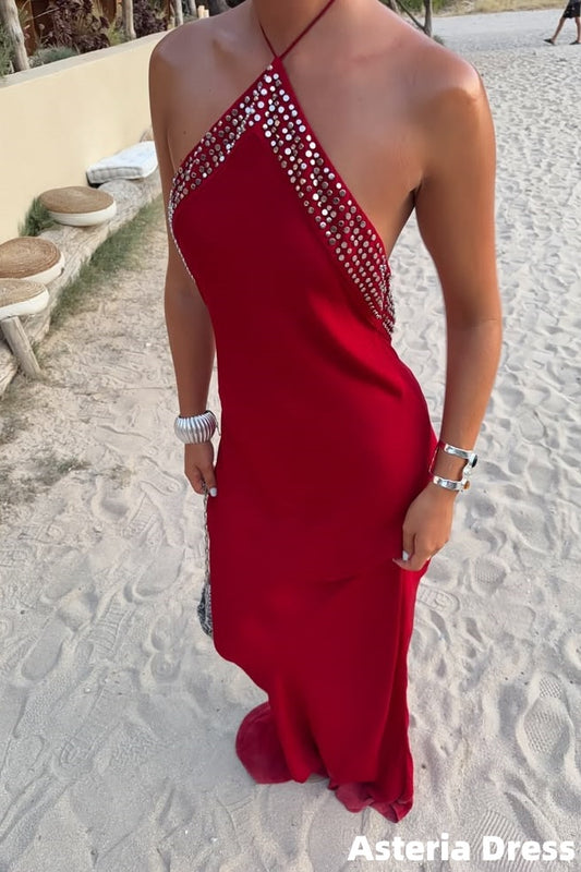 Bohemia Red Halter Beaded Mermaid Prom Dresses