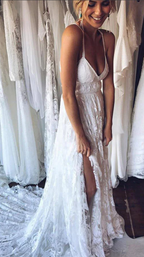 Bohemian White Lace Beach Wedding Gown Spring Summer Bridal Dresses,AST2137