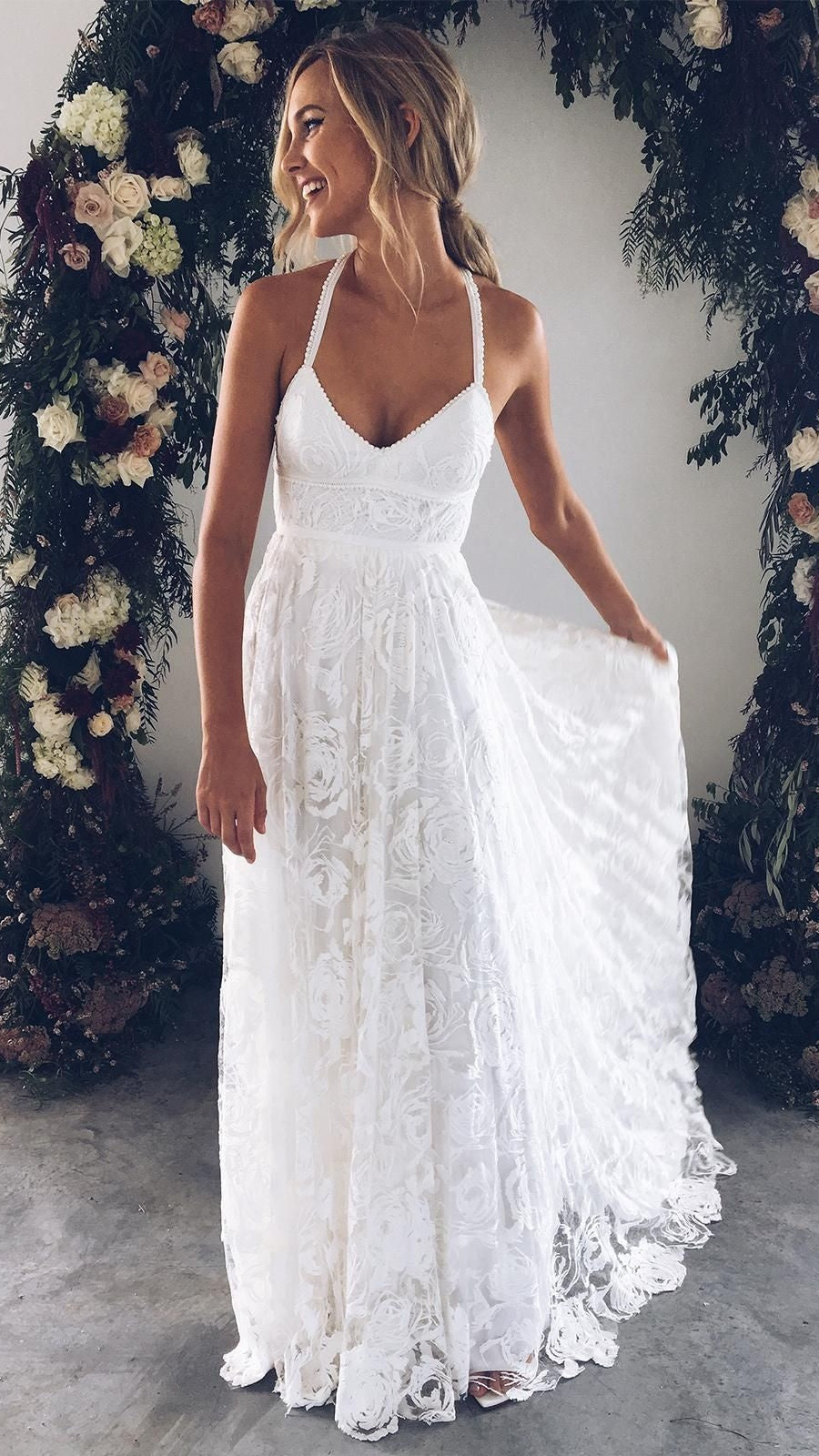 Bohemian White Lace Beach Wedding Gown Spring Summer Bridal Dresses,AST2137