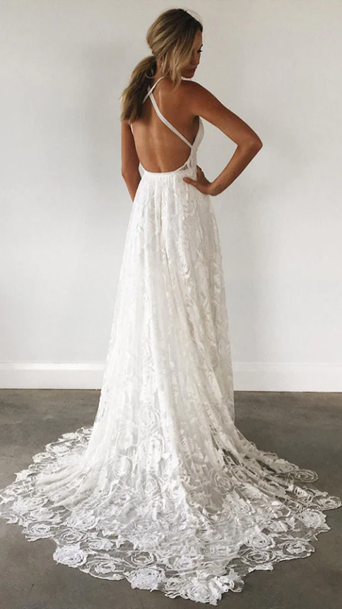 Bohemian White Lace Beach Wedding Gown Spring Summer Bridal Dresses,AST2137