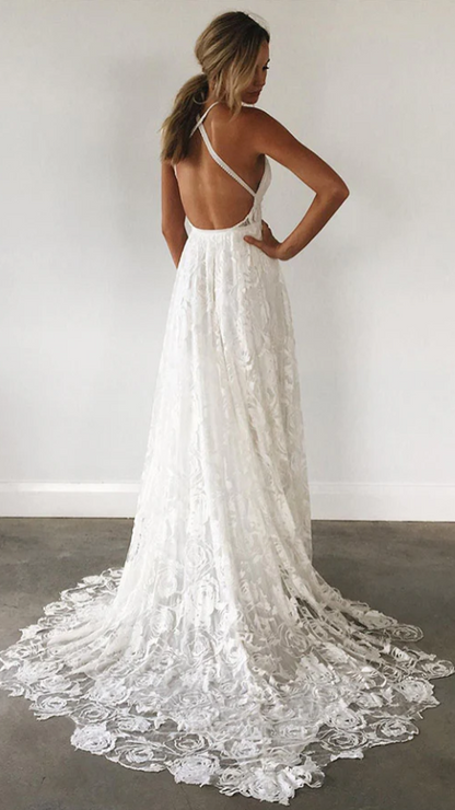 Bohemian White Lace Beach Wedding Gown Spring Summer Bridal Dresses,AST2137