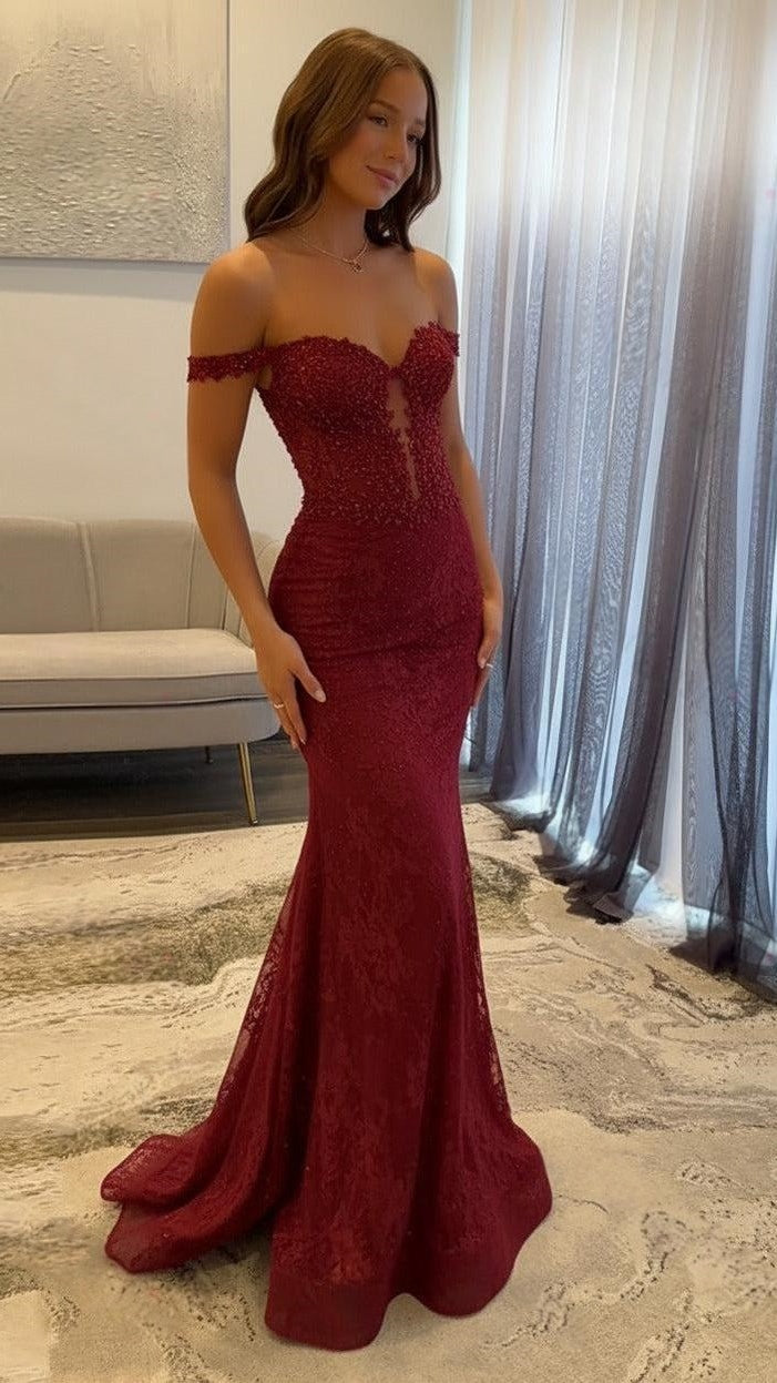 Off The Shoulder Mermaid Prom Dresses Lace Appliques Evening Party Dress,AST2290