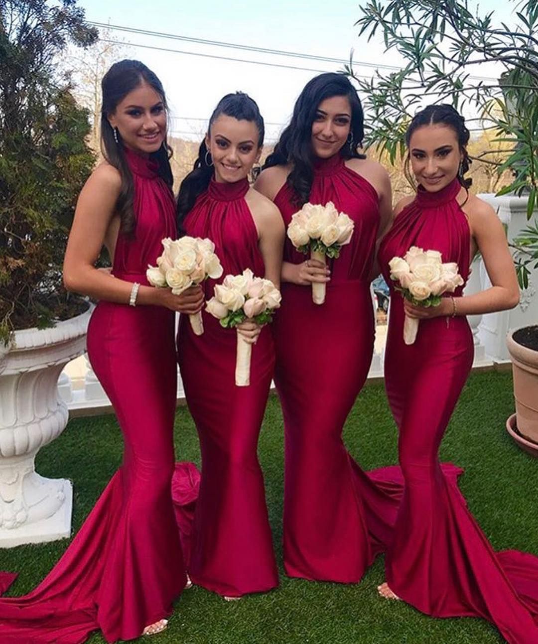 Burgundy Halter Sleeveless Backless Bridesmaid Dresses,AST989