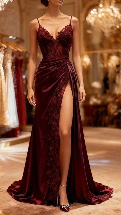 Burgundy Mermaid Appliques Long Prom Dresses Spaghetti Straps Evening Party Dress With Slit,AST2102