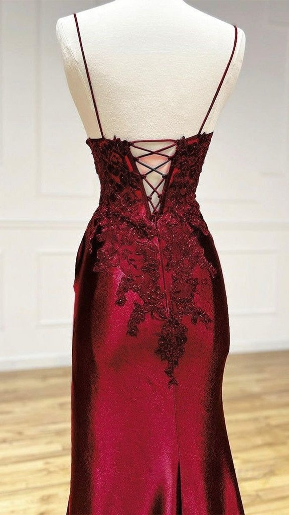 Burgundy Mermaid Appliques Long Prom Dresses Spaghetti Straps Evening Party Dress With Slit,AST2102