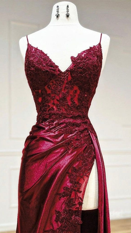 Burgundy Mermaid Appliques Long Prom Dresses Spaghetti Straps Evening Party Dress With Slit,AST2102