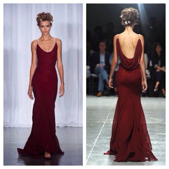 Burgundy Mermaid Chiffon Lace Prom Dress Backless Formal Gown, AST897 - Asteria