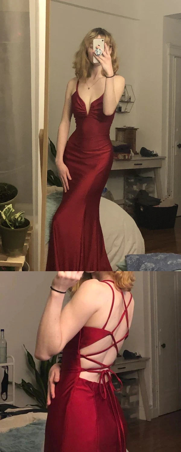 Burgundy Mermaid Prom Dress, Tie Up Back Long Party Gown, AST1033