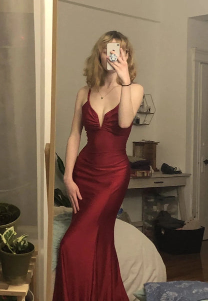 Burgundy Mermaid Satin Bodycon Prom Dress, AST886 - Asteria