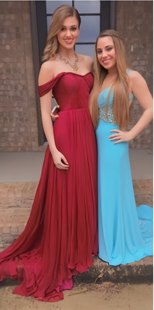 Burgundy Off The Shoulder A-line Prom Dresses Cheap Chiffon Evening Graduation Dress,AST2157