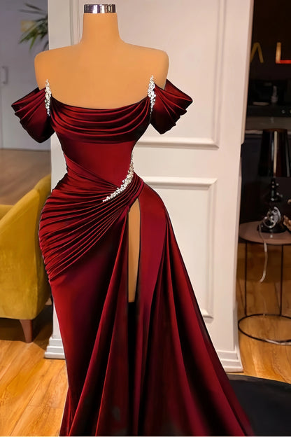 Burgundy Satin Long Prom Dresses, Off The Shoulder Beaded Evening Party Dress, AST1529