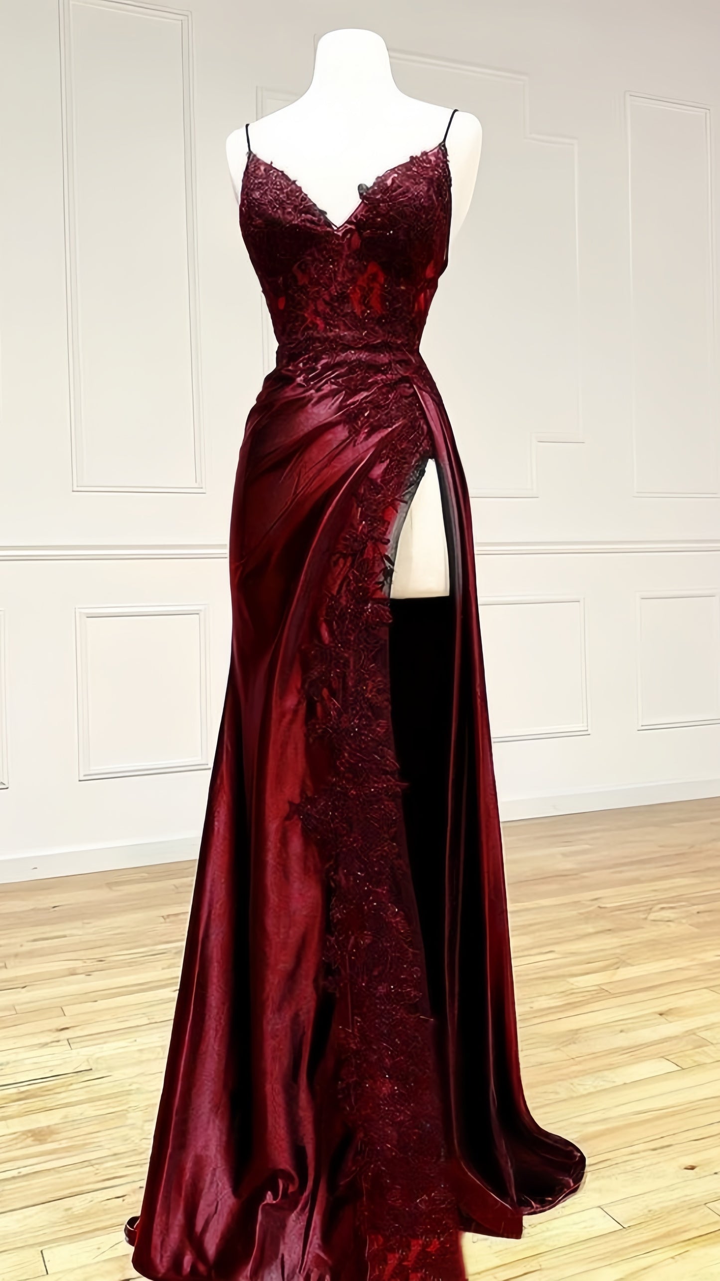 Burgundy Mermaid Appliques Long Prom Dresses Spaghetti Straps Evening Party Dress With Slit,AST2102
