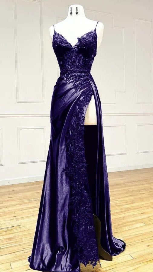 Burgundy Mermaid Appliques Long Prom Dresses Spaghetti Straps Evening Party Dress With Slit,AST2102